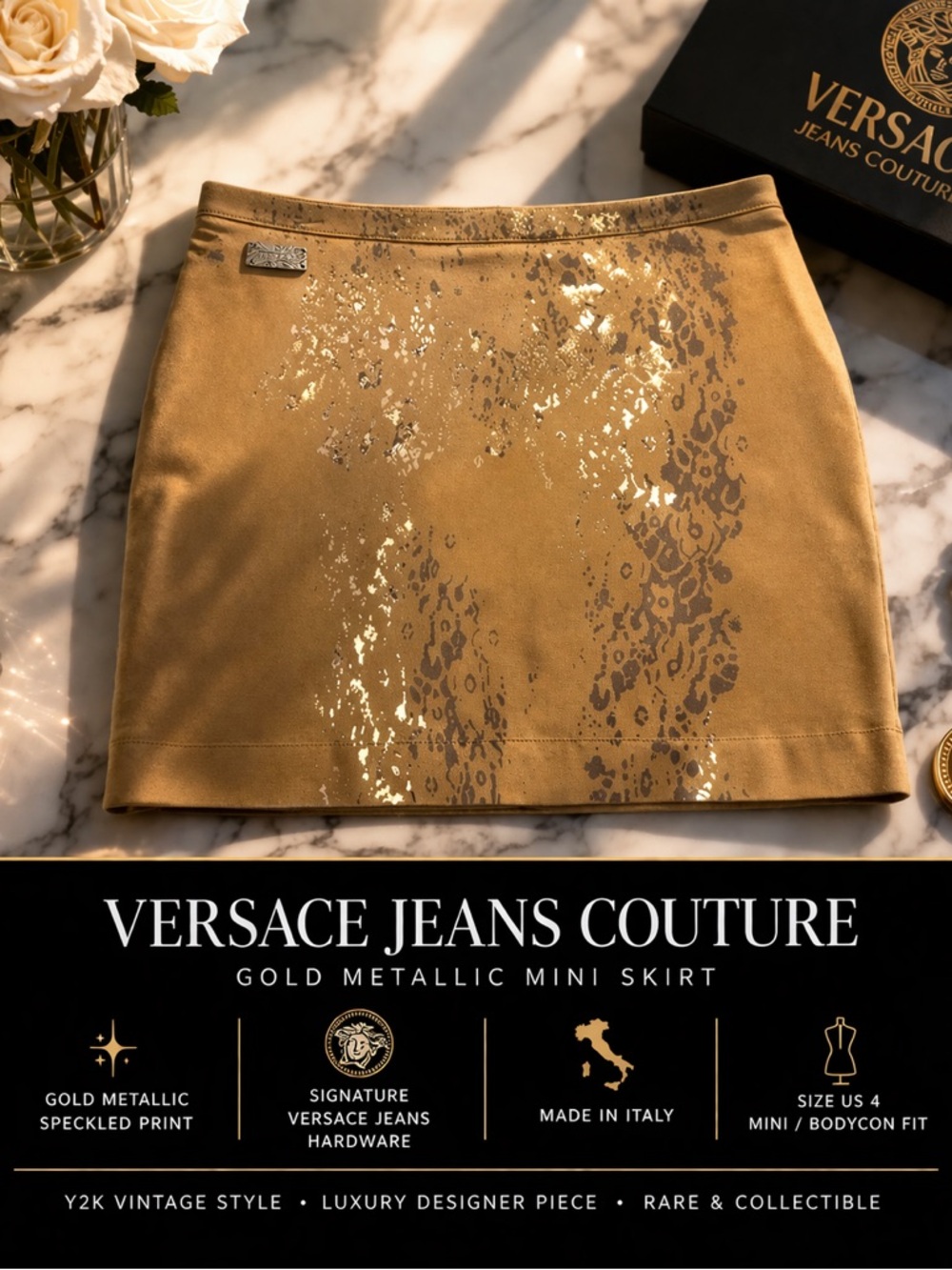 Versace Jeans Couture Gold Metallic Mini Skirt Y2K Bodycon Italy Size 4
